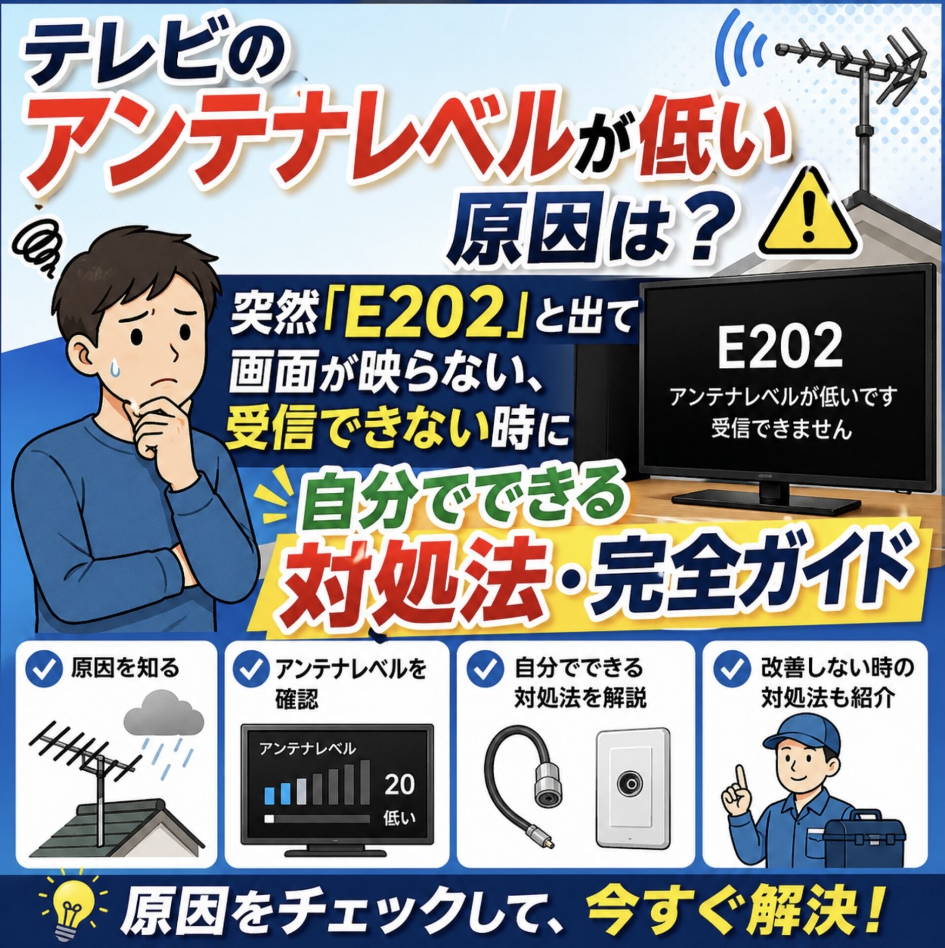 テレビのアンテナレベルが低い原因は？突然「E202」と出て画面が映ら