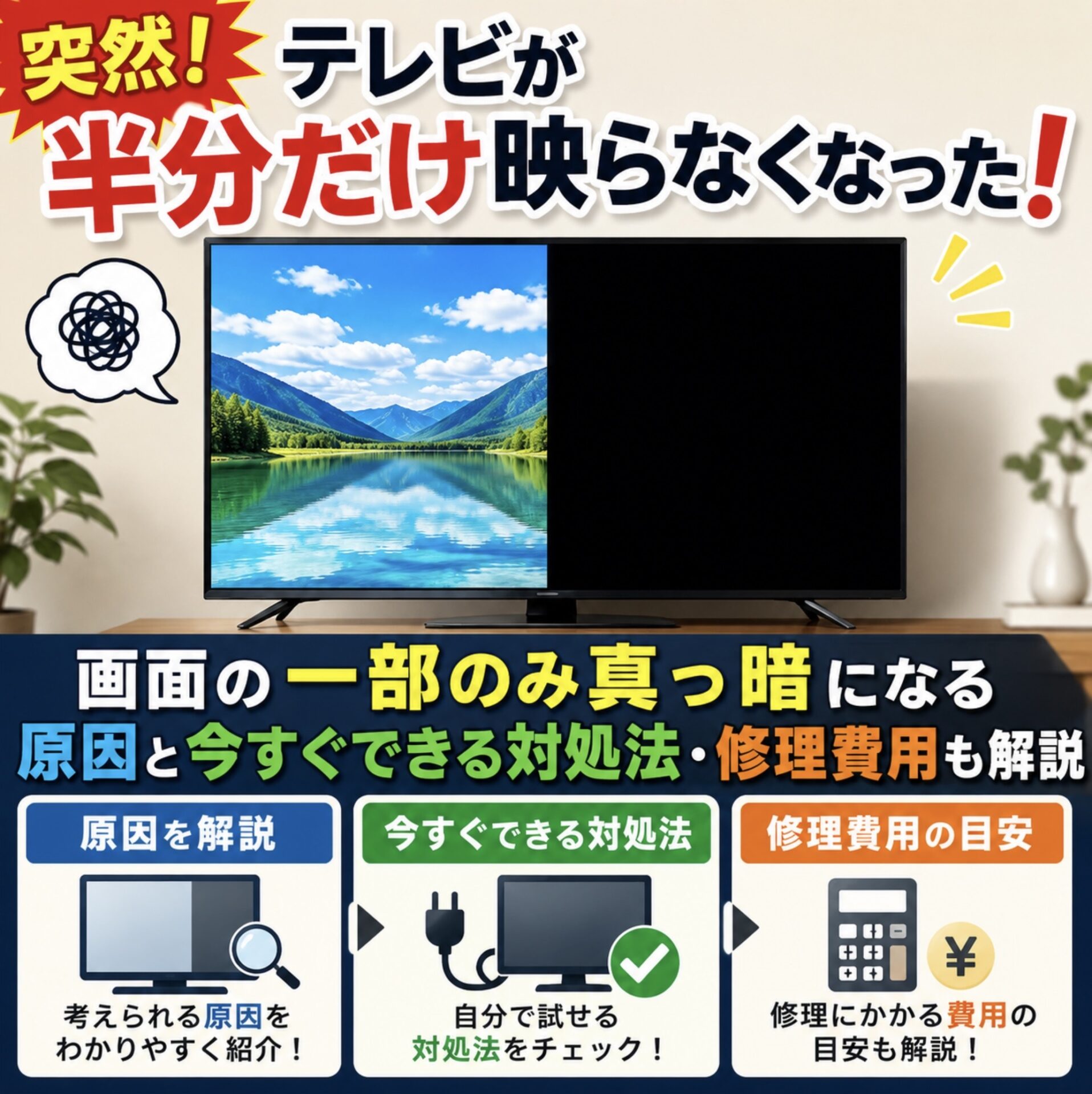 突然テレビが半分だけ映らなくなった！テレビ画面の一部のみ真っ暗に 