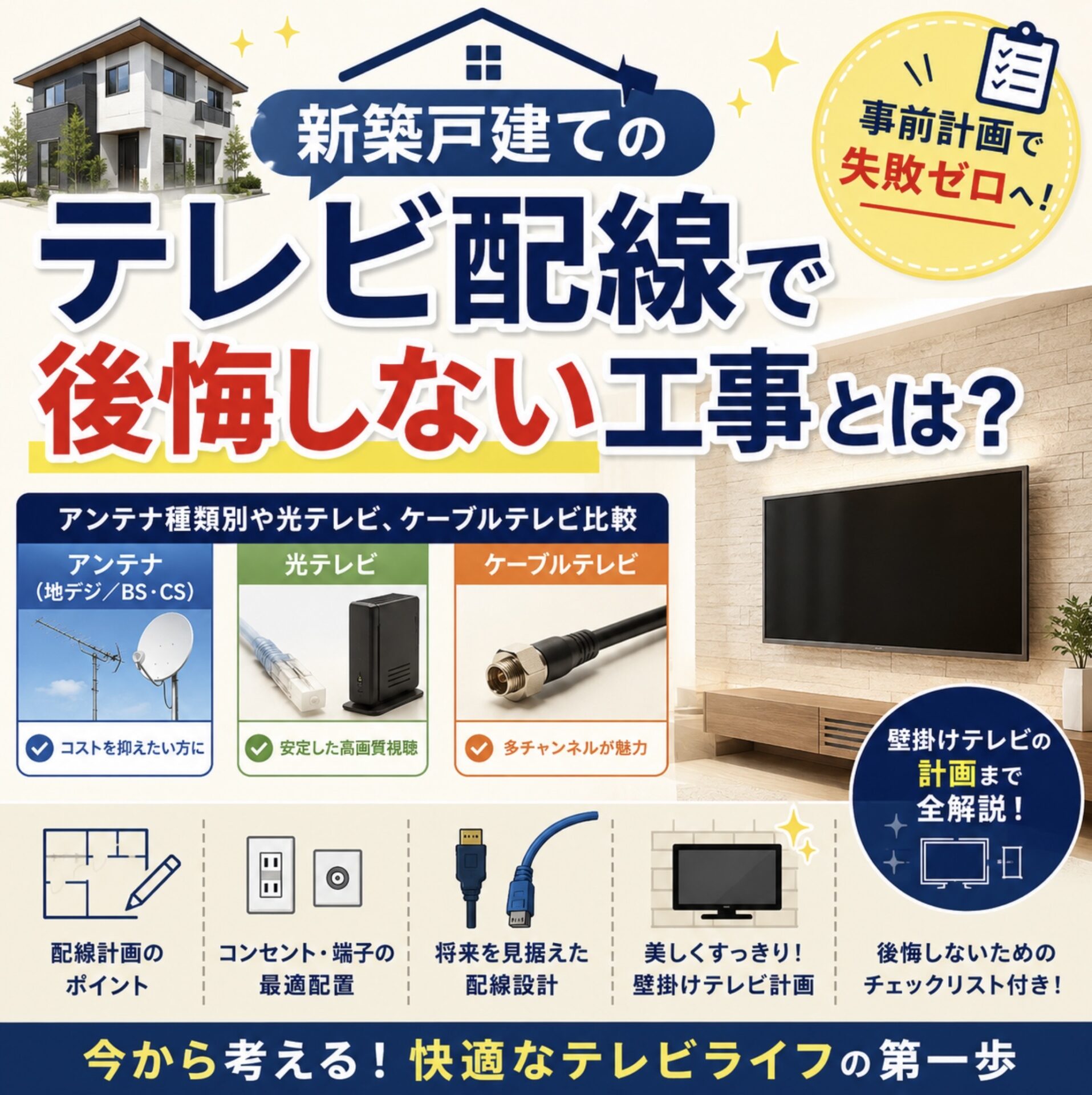 新築戸建てのテレビ配線で後悔しない工事とは？アンテナ種類別や光 